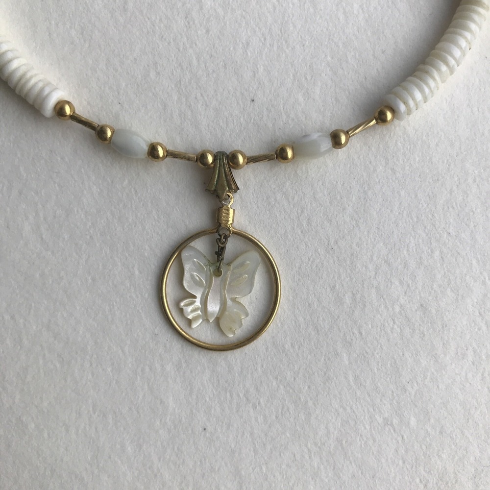 Vintage HEISHI Shell Surfer Necklace w/ Mother Of Pearl BUTTERFLY Charm 18"